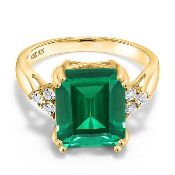 Gem Stone King 18K Yellow Gold Plated Silver Emerald Cut Green Simulated Emerald Ring for Women | 5.66 Cttw | Available in Size 5, 6, 7, 8, 9