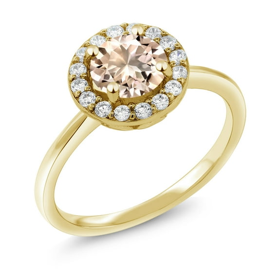 Gem Stone King 18K Yellow Gold Plated Silver Engagement Ring Morganite and Moissanite (1.39 Cttw) (Size 9)