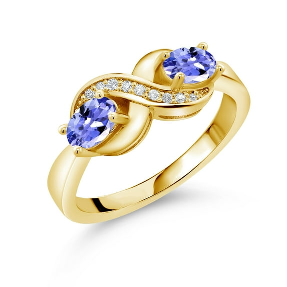 Gem Stone King 18K Yellow Gold Plated Silver Engagement Ring Oval Tanzanite and Moissanite (0.97 Cttw) (Size 9)