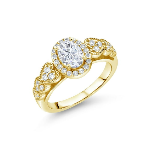 Gem Stone King 18K Yellow Gold Plated Silver Engagement Ring Set with Near Colorless Oval 1.33cttw Moissanite