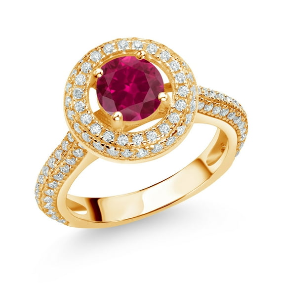 Gem Stone King 18K Yellow Gold Plated Silver Engagement Ring for Women Set with Created Ruby and Moissanite (1.61 Cttw)