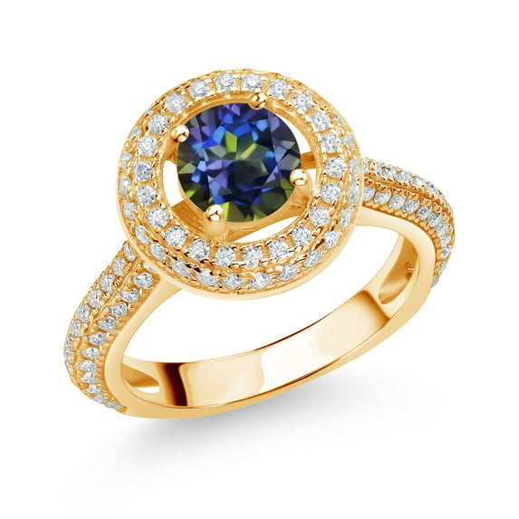 Gem Stone King 18K Yellow Gold Plated Silver Engagement Ring for Women Set with Mystic Topaz and Moissanite (1.61 Cttw)