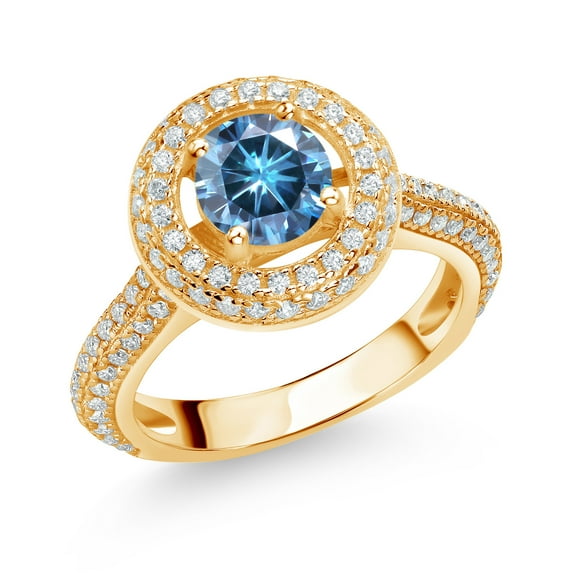 Gem Stone King 18K Yellow Gold Plated Silver Engagement Ring for Women Set with Persian Blue and White Moissanite (1.41 Cttw)