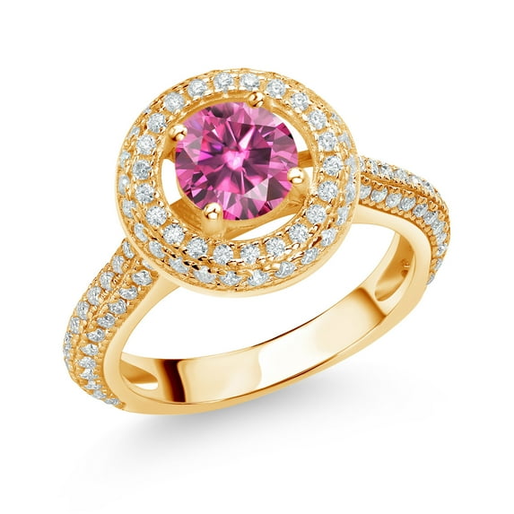 Gem Stone King 18K Yellow Gold Plated Silver Engagement Ring for Women Set with Pink and White Moissanite (1.41 Cttw)