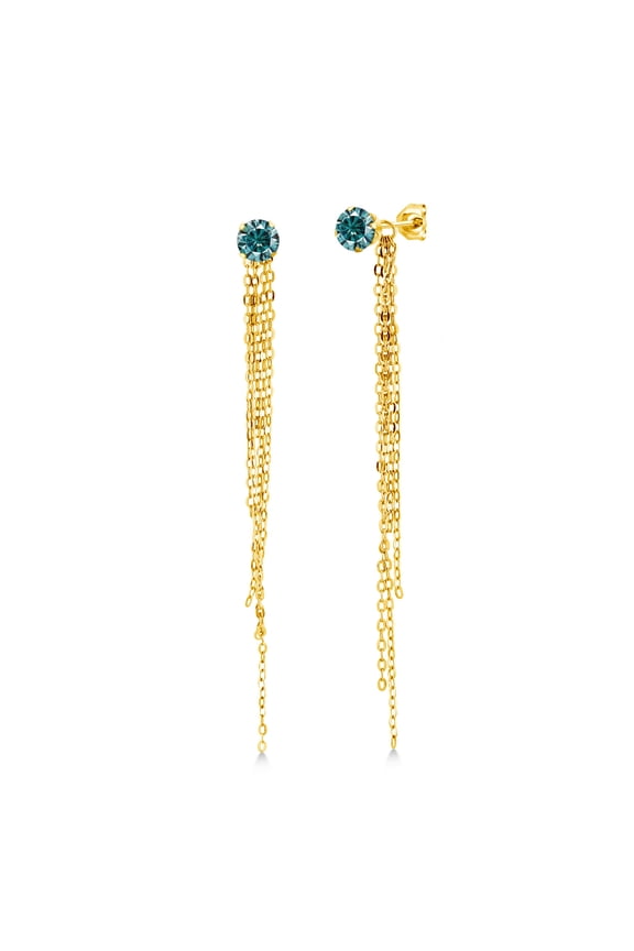 18K Yellow Gold Plated Silver Extra Long Statement Enhancer Earrings 3.5 inch Blue Round Moissanite 1.00cttw