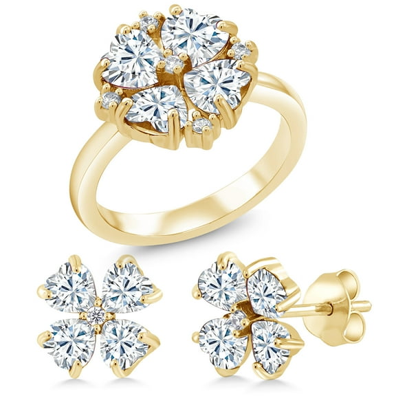 Gem Stone King 18K Yellow Gold Plated Silver Fashion Clover Ring and Earrings Jewelry Set with Moissanite (3.57 Cttw) (Size 6)