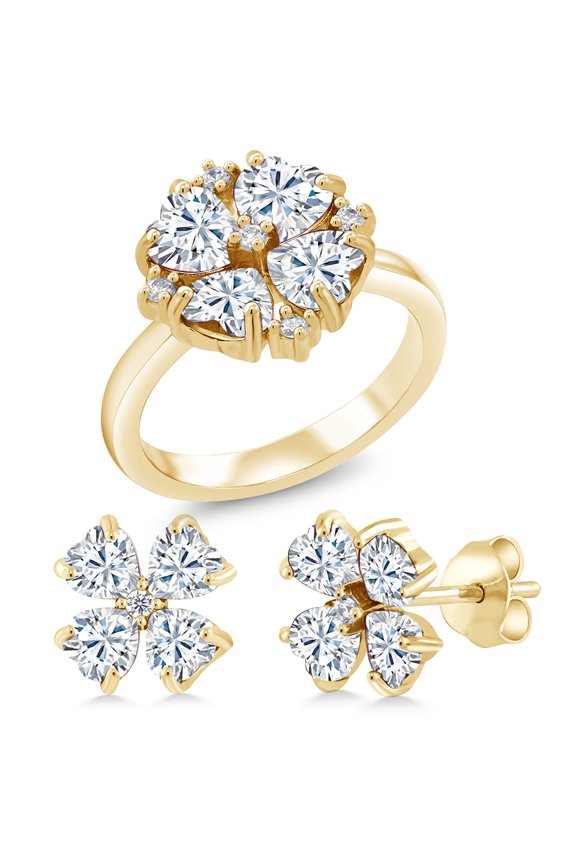 18K Yellow Gold Plated Silver Fashion Clover Ring and Earrings Jewelry Set with Moissanite (3.57 Cttw) (Size 9)