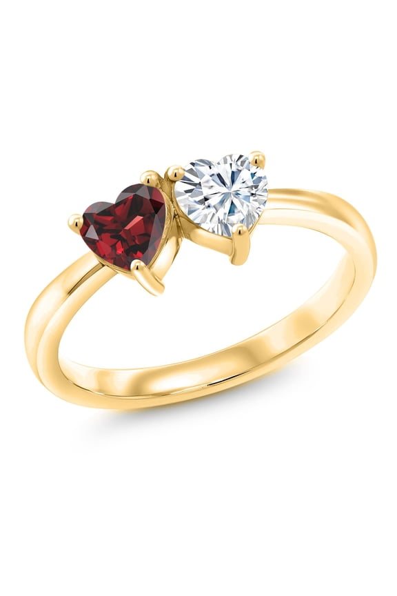 18K Yellow Gold Plated Silver 2-Stone Ring 5MM Heart Shape Red Garnet and 5MM Heart Shape White Moissanite | 1.02 Cttw | Wedding Engagement Anniversary Promise Ring for Women | Size 7