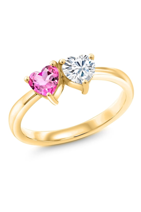 18K Yellow Gold Plated Silver Fashion Right-Hand Ring Heart Shape Pink Mystic Topaz and Moissanite (1.02 Cttw, Size 5)