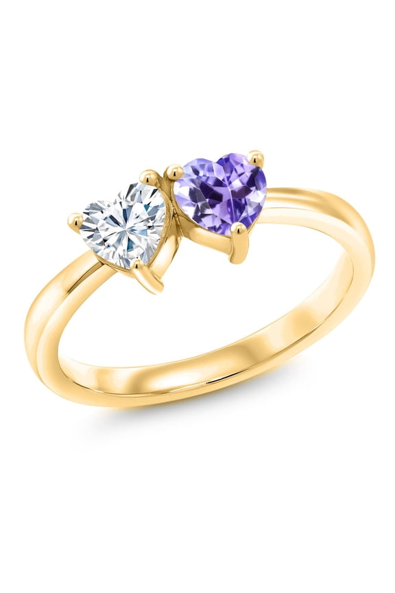 18K Yellow Gold Plated Silver Fashion Right-Hand Ring Set with Heart Shape Moissanite and Tanzanite (1.00 Cttw, Size 8)