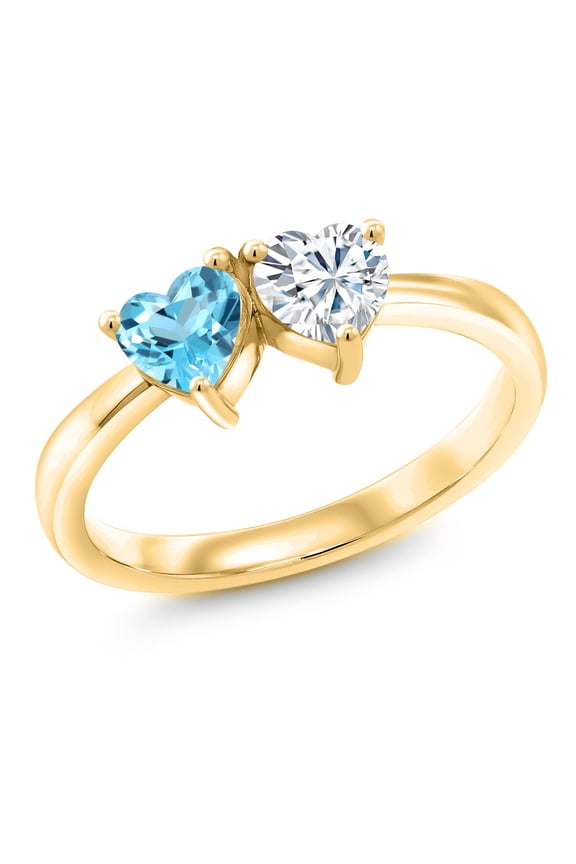 18K Yellow Gold Plated Silver Fashion Right-Hand Ring Heart Shape Swiss Blue Topaz and Moissanite (0.97 Cttw, Size 5)