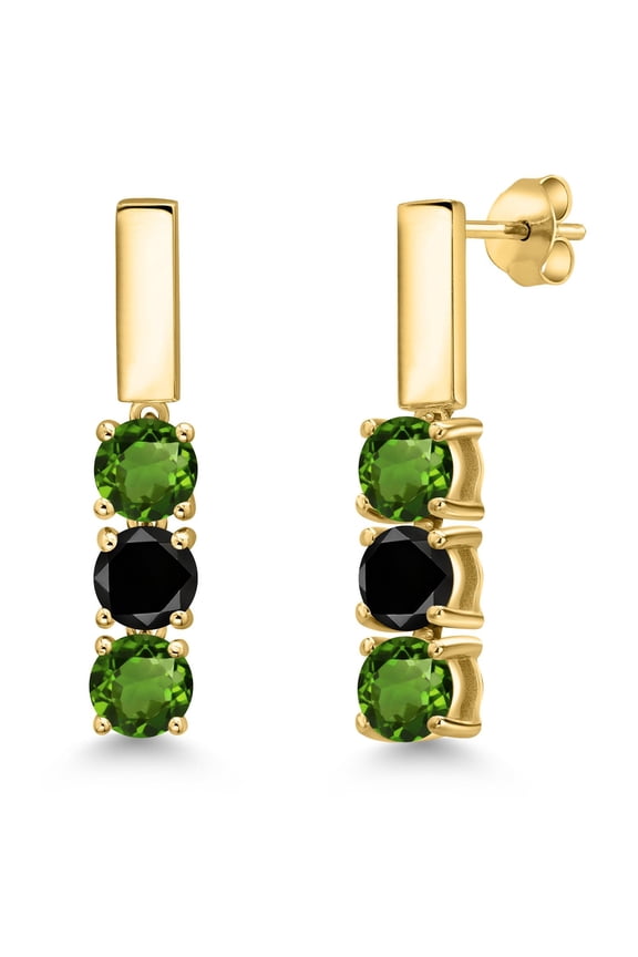 18K Yellow Gold Plated Silver Green Chrome Diopside and Black Diamond Drop Dangle Earrings for Women | 1.55 Cttw | Gemstone Birthstone | Round 5MM