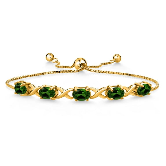 Gem Stone King 18K Yellow Gold Plated Silver Green Chrome Diopside Bracelet for Women (3.50 Cttw, Gemstone, Oval 7X5MM, Fully Adjustable up to 9 inches)
