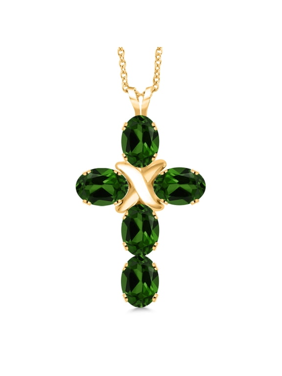 18K Yellow Gold Plated Silver Green Chrome Diopside Cross Pendant Necklace for Women (2.75 Cttw, Gemstone, Oval 6X4MM, With 18 inch Silver Chain)