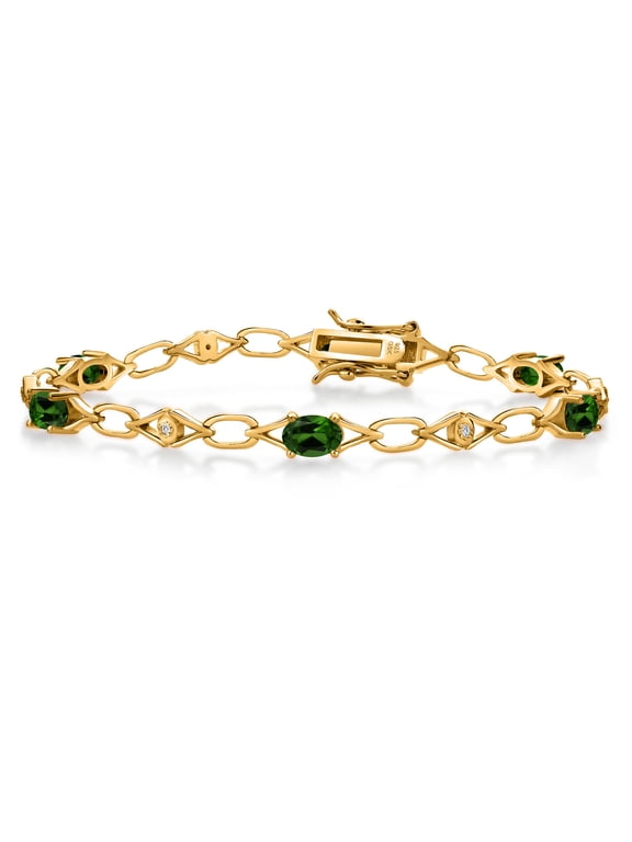 18K Yellow Gold Plated Silver Green Chrome Diopside and Round White Lab Grown Diamond Tennis Bracelet for Women (3.34 Cttw, Gemstone Birthstone, Oval 6X4MM, 7.25 inches)