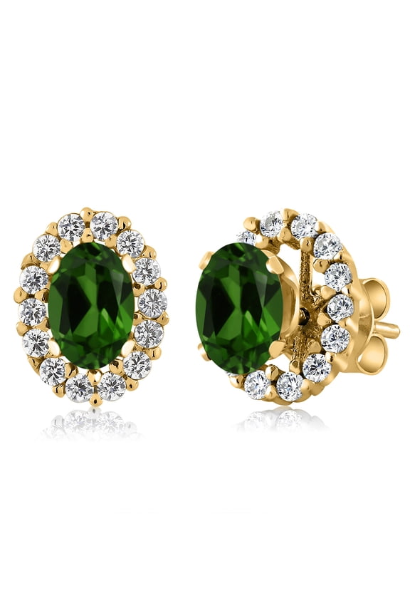 18K Yellow Gold Plated Silver Green Chrome Diopside Stud Earrings with Removable Jackets for Women (1.46 Cttw, Gemstone Birthstone, Oval 6X4MM)