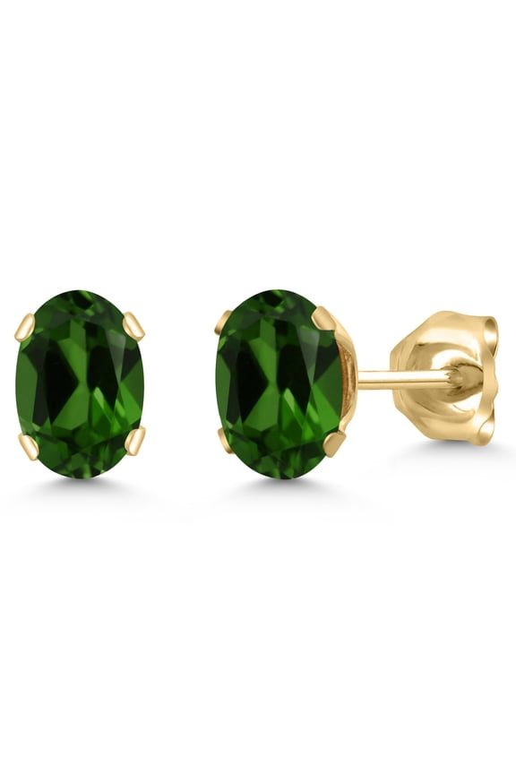 18K Yellow Gold Plated Silver Green Chrome Diopside Stud Earrings for Women Men | 0.90 Cttw | Gemstone Birthstone | Oval 6X4MM