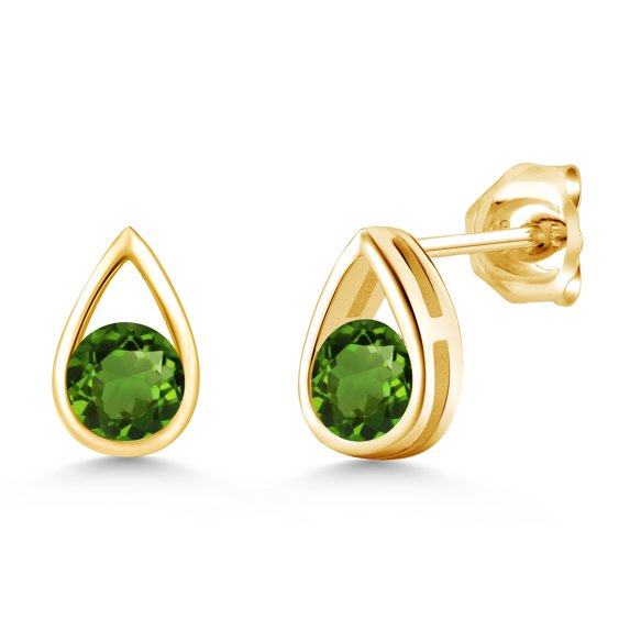 Gem Stone King 18K Yellow Gold Plated Silver Green Chrome Diopside Teardrop Stud Earrings for Women Men (1.00 Cttw, Gemstone Birthstone, Round 5MM)