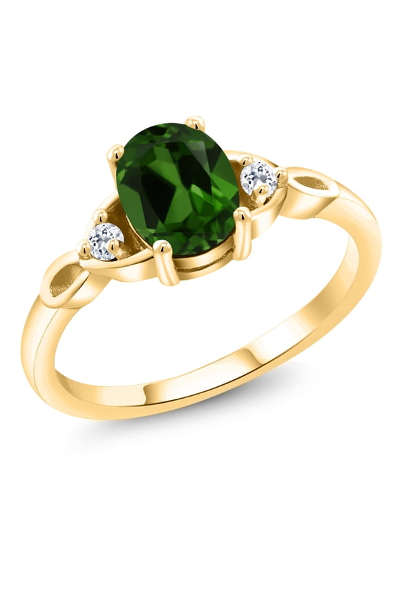 18K Yellow Gold Plated Silver Green Chrome Diopside and White Topaz 3-Stone Rings for Women (1.28 Cttw, Gemstone, Oval 8X6MM, Available in Size 5, 6, 7, 8, 9)