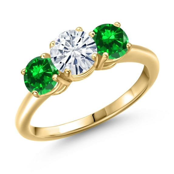 Gem Stone King 18K Yellow Gold Plated Silver White Moissanite and Green Created Emerald Engagement Ring for Women | 2.48 Cttw | Round 6MM | Gemstone Birthstone | Size 9