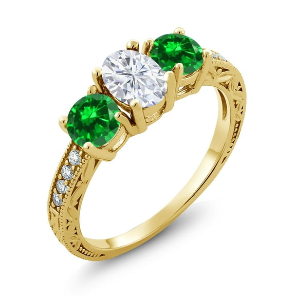 Gem Stone King 18K Yellow Gold Plated Silver Green Created Emerald Ring Set with Moissanite (2.70 Cttw) (Size 9)