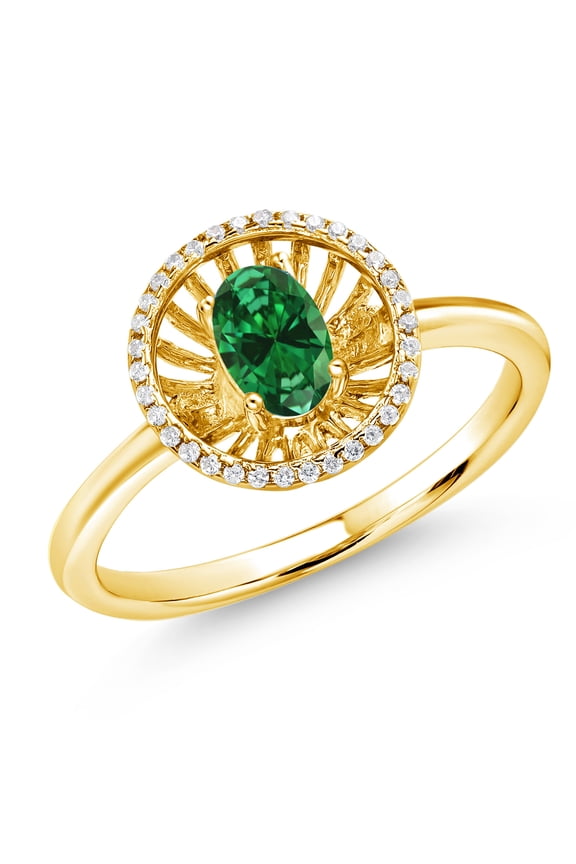 18K Yellow Gold Plated Silver Green Created Emerald Ring for Women (0.83 Cttw, Oval 6X4MM, Gemstone May Birthstone, Size 8)