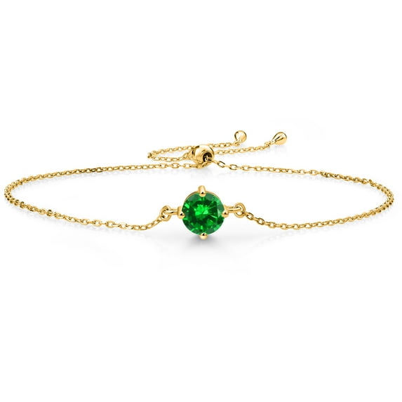 Gem Stone King 18K Yellow Gold Plated Silver Green Created Emerald Solitaire Bracelet for Women (1.00 Cttw, Round Cut 6MM)