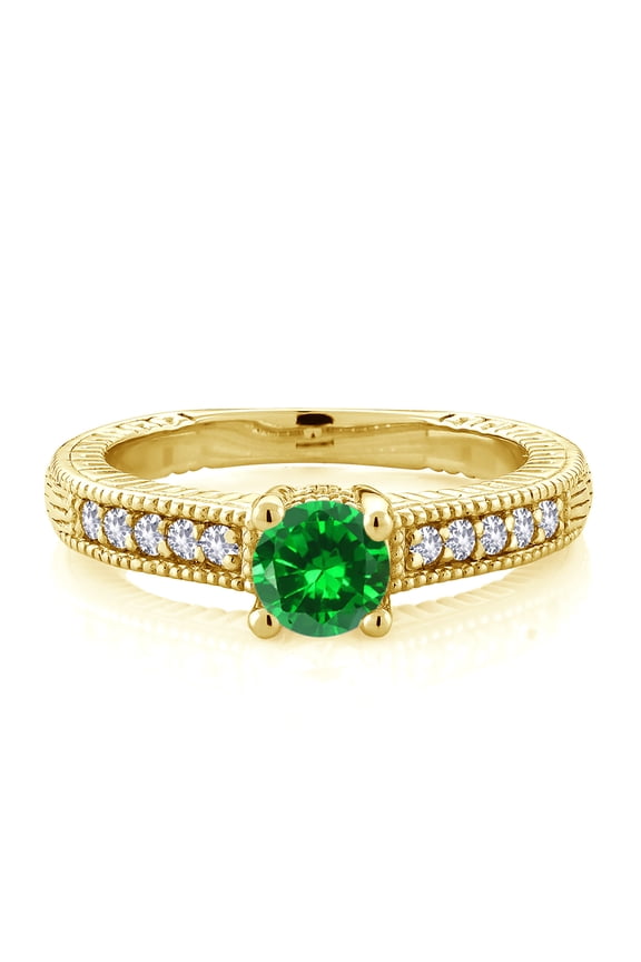 18K Yellow Gold Plated Silver Green Created Emerald and White Created Sapphire Women's Solitaire Ring with Accent Stones (0.99 Cttw, Round Shape 5MM, Size 7)