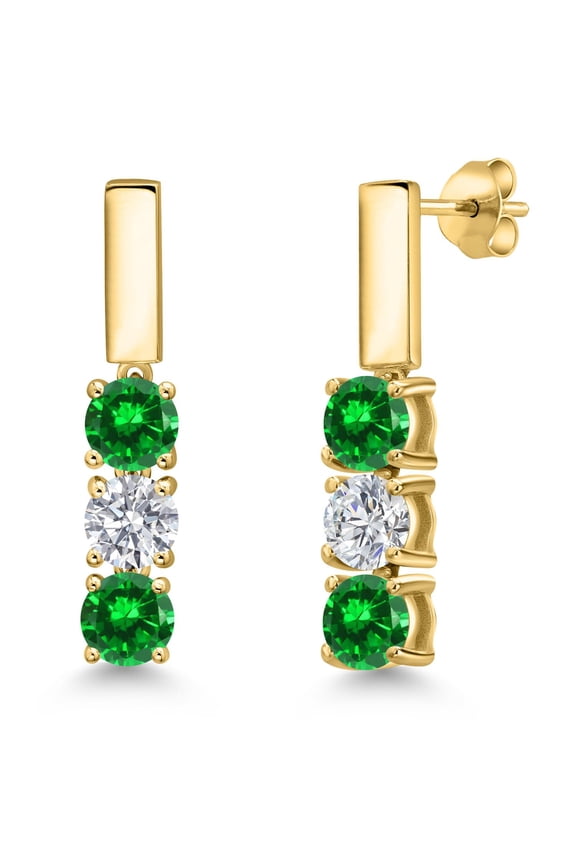 18K Yellow Gold Plated Silver Green Created Emerald and White Lab Grown Diamond Drop Dangle Earrings for Women | 2.18 Cttw | Gemstone May Birthstone | Round 5MM