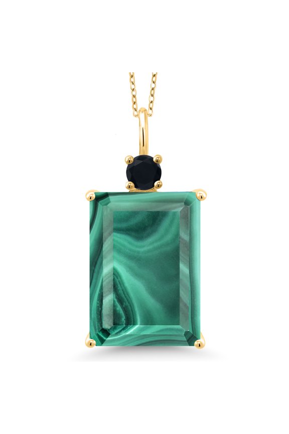 18K Yellow Gold Plated Silver Green Malachite and Black Onyx Pendant Necklace for Women (18.22 Cttw, Emerald Cut 18X13MM, With 18 inch Silver Chain)