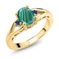 thumbnail image 1 of Gem Stone King 18K Yellow Gold Plated Silver Green Malachite and Blue Created Sapphire 3 Stone Engagement Ring for Women | 2.09 Cttw | Oval 8X6MM | Round 2MM | Gemstone Birthstone | Size 6, 1 of 6
