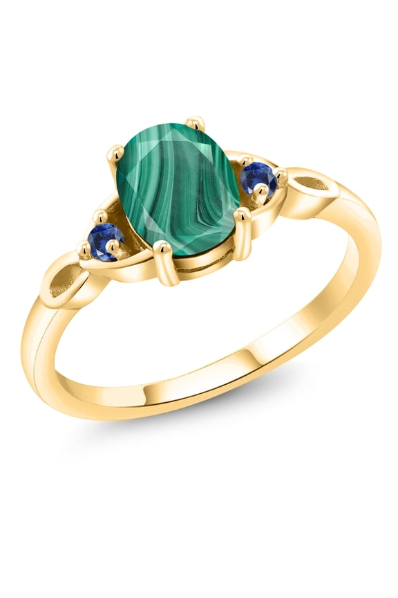 18K Yellow Gold Plated Silver Green Malachite and Blue Created Sapphire 3-Stone Rings for Women (2.09 Cttw, Gemstone, Oval 8X6MM, Size 5)
