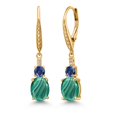 thumbnail image 1 of Gem Stone King 18K Yellow Gold Plated Silver Green Malachite and Blue Created Sapphire Dangle Earrings for Women with Lab Grown Diamond (5.53 Cttw, Oval 9X7MM), 1 of 6