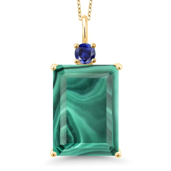 Gem Stone King 18K Yellow Gold Plated Silver Green Malachite and Blue Created Sapphire Pendant Necklace for Women (18.25 Cttw, Emerald Cut 18X13MM, With 18 inch Silver Chain)