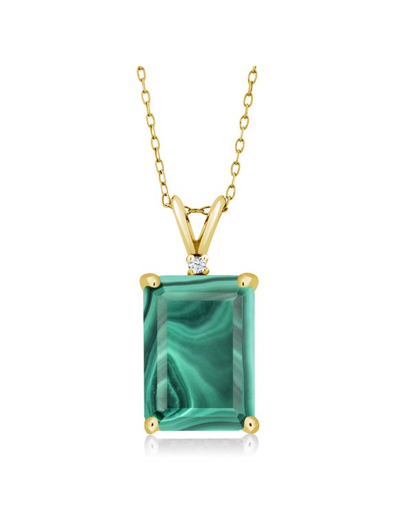 18K Yellow Gold Plated Silver Green Malachite Pendant Necklace for Women (10.02 Cttw, Gemstone Birthstone, Emerald Cut 14X10MM, with 18 inch Silver Chain)