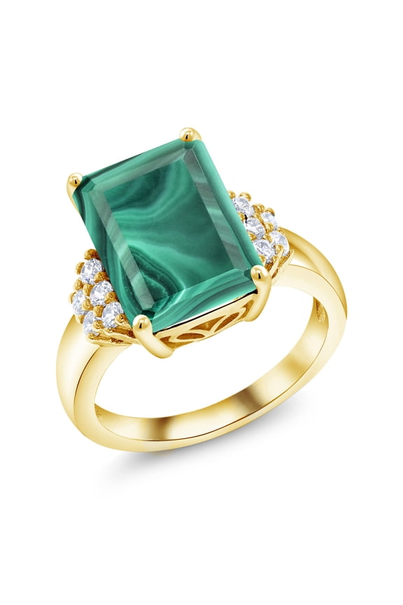 18K Yellow Gold Plated Silver Green Malachite Ring for Women (10.30 Cttw, Gemstone Birthstone, Emerald Cut 14X10MM, Available in Size 5, 6, 7, 8, 9)