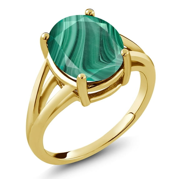 Gem Stone King 18K Yellow Gold Plated Silver Green Malachite Ring for Women (6.00 Cttw, Gemstone Birthstone, Oval 12X10MM, Available in Size 5,6,7,8,9)