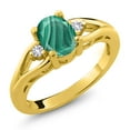 thumbnail image 1 of Gem Stone King 18K Yellow Gold Plated Silver Green Malachite and White Created Sapphire 3 Stone Engagement Ring for Women | 2.08 Cttw | Oval 8X6MM | Round 2MM | Available in Size 5,6,7,8,9, 1 of 4