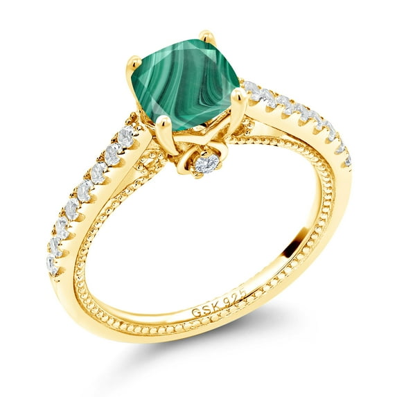 Gem Stone King 18K Yellow Gold Plated Silver Green Malachite and White Created Sapphire Engagement Ring for Women (1.77 Cttw, Cushion 6MM, Gemstone Birthstone, Available in Size 5, 6, 7, 8, 9)