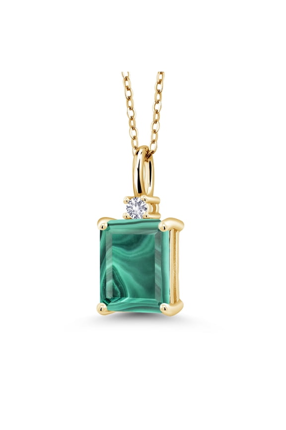 18K Yellow Gold Plated Silver Green Malachite and White Created Sapphire Pendant Necklace for Women | 3.54 Cttw | Gemstone Birthstone | Emerald Cut 9X7MM | With 18 inch Silver Chain