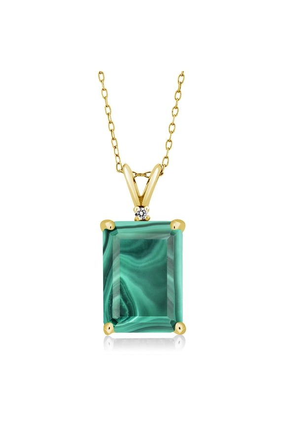18K Yellow Gold Plated Silver Green Malachite and White Diamond Pendant Necklace for Women (10.02 Cttw, Gemstone Birthstone, Emerald Cut 14X10MM, with 18 inch Silver Chain)