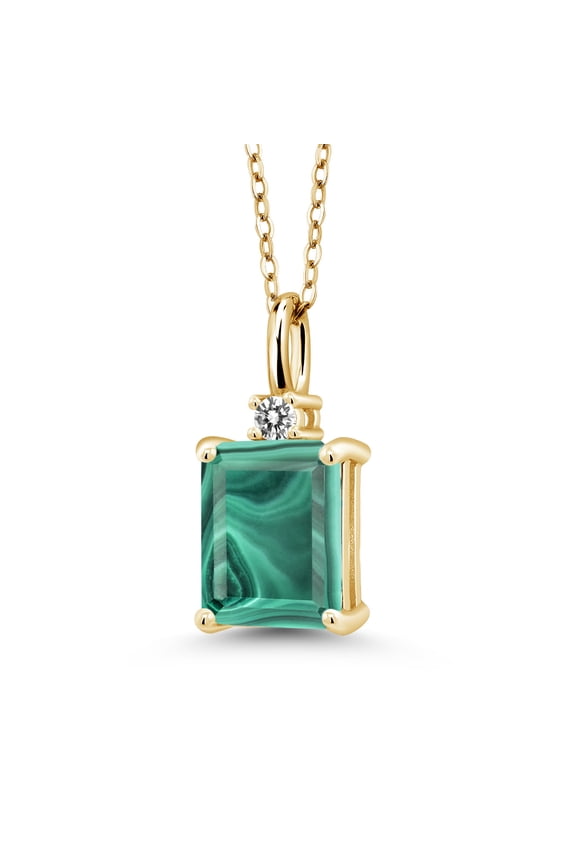 18K Yellow Gold Plated Silver Green Malachite and White Diamond Pendant Necklace for Women | 3.53 Cttw | Gemstone Birthstone | Emerald Cut 9X7MM | With 18 inch Silver Chain