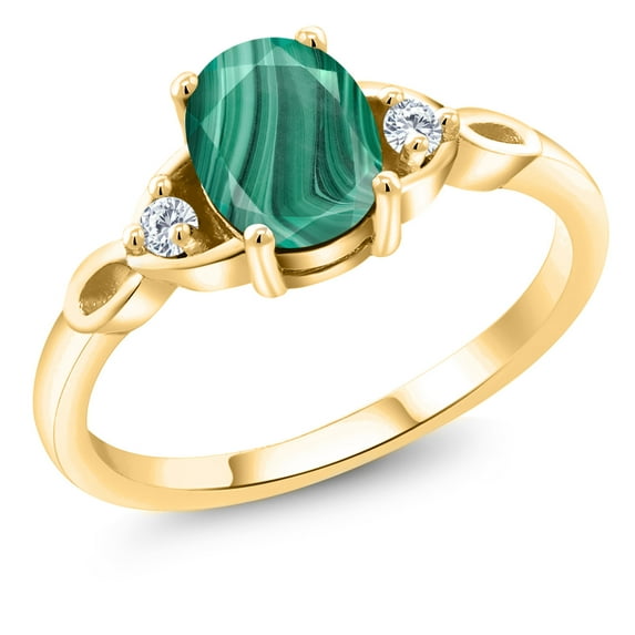 Gem Stone King 18K Yellow Gold Plated Silver Green Malachite and White Lab Grown Diamond 3-Stone Rings for Women (2.08 Cttw, Gemstone, Oval 8X6MM, Available in Size 5, 6, 7, 8, 9)