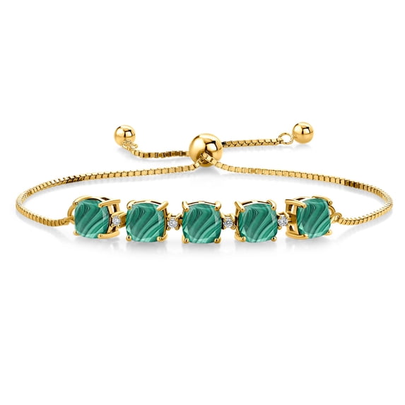 Gem Stone King 18K Yellow Gold Plated Silver Green Malachite and White Lab Grown Diamond Tennis Bracelet for Women (7.56 Cttw, Cushion 6MM, Gemstone Birthstone, Fully Adjustable up to 9 inch)
