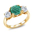 thumbnail image 1 of Gem Stone King 18K Yellow Gold Plated Silver Green Malachite and White Moissanite 3 Stone Engagement Ring for Women (4.00 Cttw, Cushion 8MM, Size 7), 1 of 5