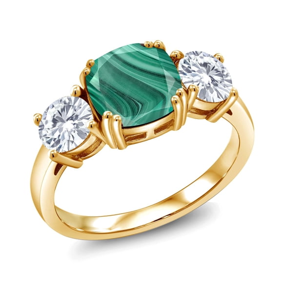 Gem Stone King 18K Yellow Gold Plated Silver Green Malachite and White Moissanite 3 Stone Engagement Ring for Women (4.00 Cttw, Cushion 8MM, Size 9)