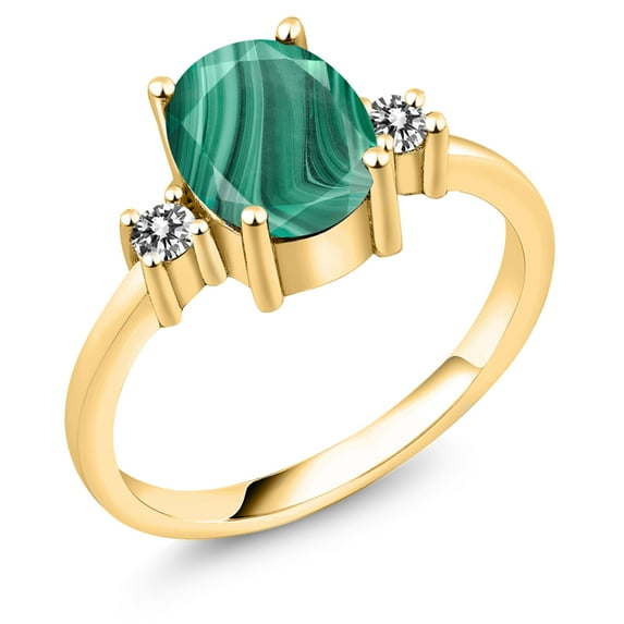 Gem Stone King 18K Yellow Gold Plated Silver Green Malachite and White Diamond Women Ring (2.63 Ct Oval 9X7MM, Size 8)