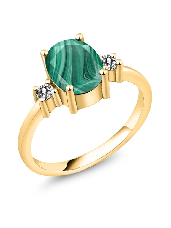 18K Yellow Gold Plated Silver Green Malachite and White Diamond Women Ring (2.63 Ct Oval 9X7MM, Size 9)