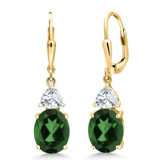 Gem Stone King 18K Yellow Gold Plated Silver Green Mystic Quartz and White Moissanite Dangle Earrings for Women (6.94 Cttw, Gemstone Birthstone, Oval 10X8MM, Trillion 5MM)