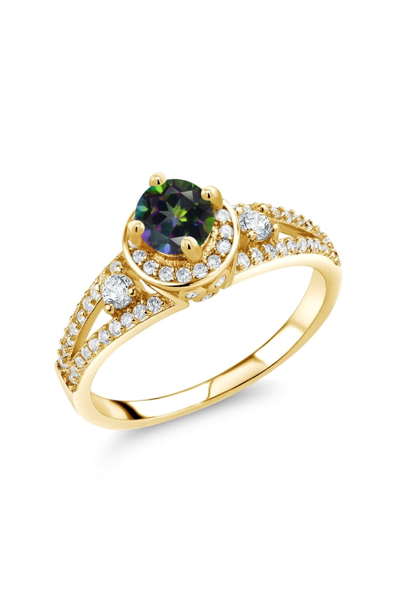 18K Yellow Gold Plated Silver Green Mystic Topaz Engagement Ring for Women (1.49 Cttw, Round 5MM, Gemstone November Birthstone, Size 5)